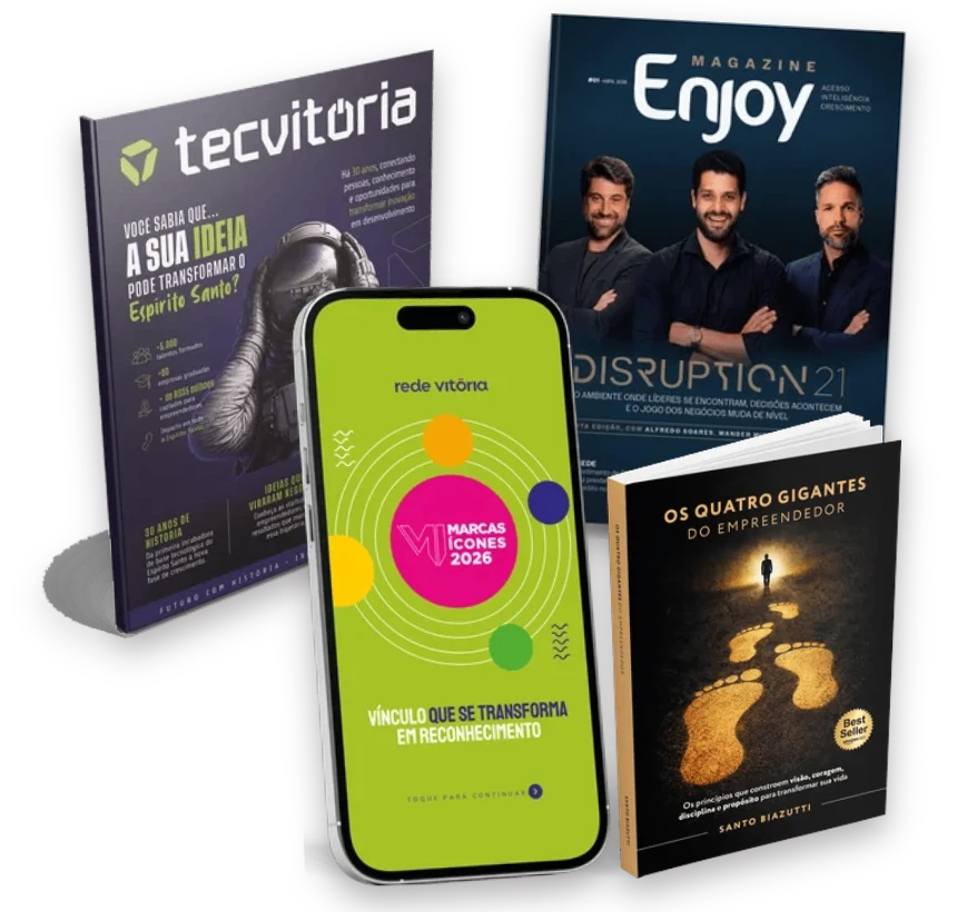 Publicações da Realiza: Relatório TEC Vitória 2026, Enjoy Magazine edição 1, Marcas Ícones 2026 e o livro Os 4 Gigantes do Empreendedor